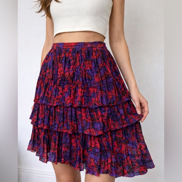 Vintage Dresses & Skirts - Vintage Raul Blanco 100% Silk Ruffle Skirt Red Purple Tiered Mini S